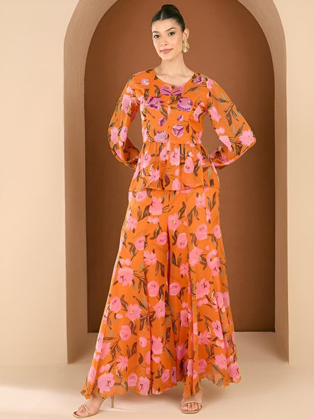 Floral Printed & Embellished Top With Palazzo Co-Ord Set For Women, Top with Palazzo, Indowestern Outfit, Indian Dress, Wedding Guest Outfit4 VitansEthnics