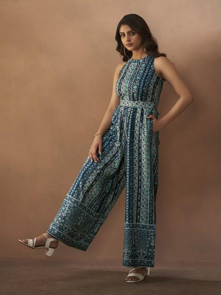 Ethnic Motifs Printed Halter Neck Sleeveless Jumpsuit For Women, Indian Jumpsuit, Indian One Piece Dress, Indo Western Outfit, Fusion Outfit7 VitansEthnics