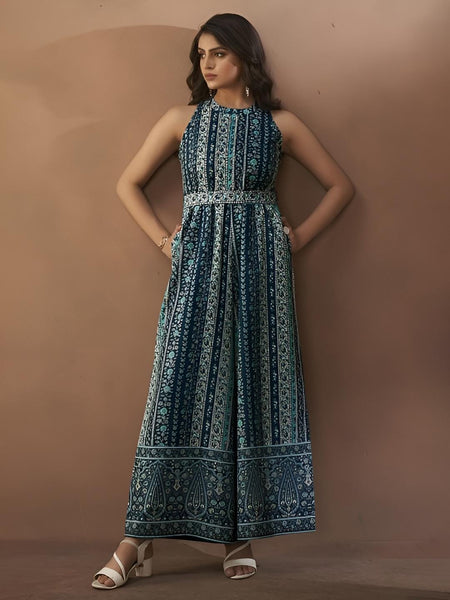 Ethnic Motifs Printed Halter Neck Sleeveless Jumpsuit For Women, Indian Jumpsuit, Indian One Piece Dress, Indo Western Outfit, Fusion Outfit7 VitansEthnics