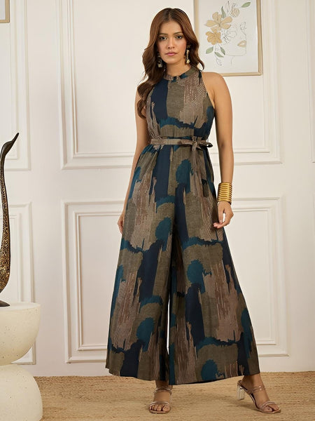 Abstract Printed Halter Neck Sleeveless Jumpsuit For Women, Indian Jumpsuit, Indian One Piece Dress, Indo Western Outfit, Fusion Outfit8 VitansEthnics