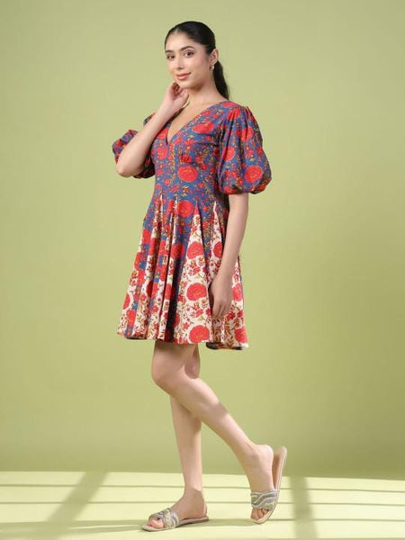 Floral Printed Puff Sleeve Fit & Flare Indian Fusion Dress For Women, Indian Dress For Women, Indo Western Outfit, Pure Cotton Fusion Outfit23 EtsyImport