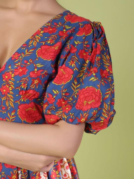 Floral Printed Puff Sleeve Fit & Flare Indian Fusion Dress For Women, Indian Dress For Women, Indo Western Outfit, Pure Cotton Fusion Outfit23 EtsyImport