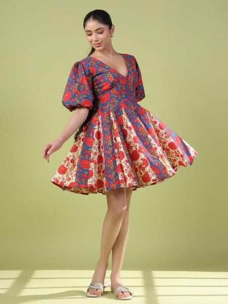Floral Printed Puff Sleeve Fit & Flare Indian Fusion Dress For Women, Indian Dress For Women, Indo Western Outfit, Pure Cotton Fusion Outfit23 EtsyImport