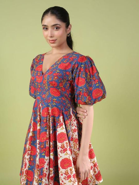 Floral Printed Puff Sleeve Fit & Flare Indian Fusion Dress For Women, Indian Dress For Women, Indo Western Outfit, Pure Cotton Fusion Outfit23 EtsyImport