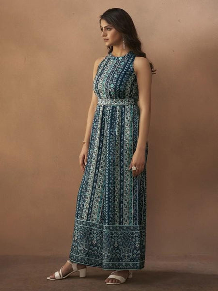 Ethnic Motifs Printed Halter Neck Sleeveless Jumpsuit For Women, Indian Jumpsuit, Indian One Piece Dress, Indo Western Outfit, Fusion Outfit7 VitansEthnics