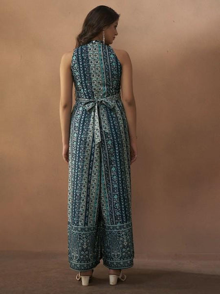 Ethnic Motifs Printed Halter Neck Sleeveless Jumpsuit For Women, Indian Jumpsuit, Indian One Piece Dress, Indo Western Outfit, Fusion Outfit7 VitansEthnics