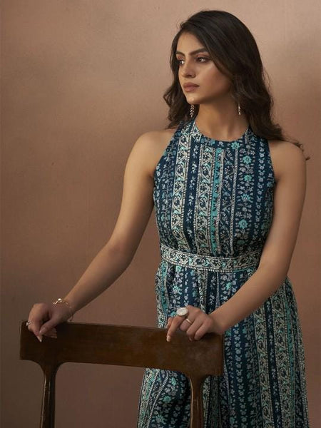 Ethnic Motifs Printed Halter Neck Sleeveless Jumpsuit For Women, Indian Jumpsuit, Indian One Piece Dress, Indo Western Outfit, Fusion Outfit7 VitansEthnics