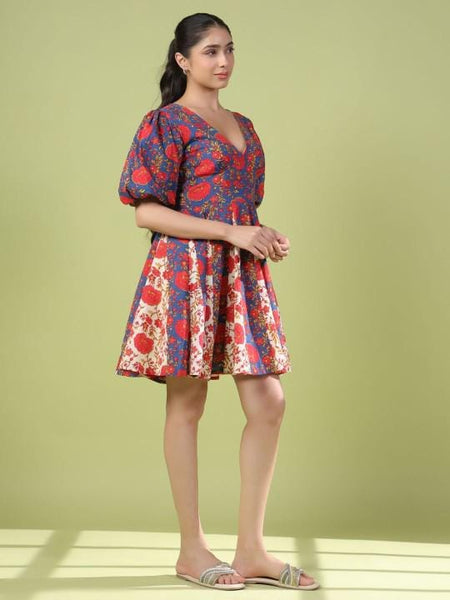 Floral Printed Puff Sleeve Fit & Flare Indian Fusion Dress For Women, Indian Dress For Women, Indo Western Outfit, Pure Cotton Fusion Outfit23 EtsyImport