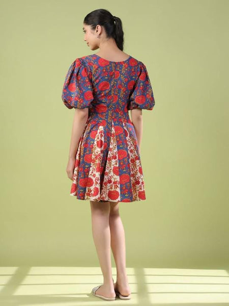 Floral Printed Puff Sleeve Fit & Flare Indian Fusion Dress For Women, Indian Dress For Women, Indo Western Outfit, Pure Cotton Fusion Outfit23 EtsyImport