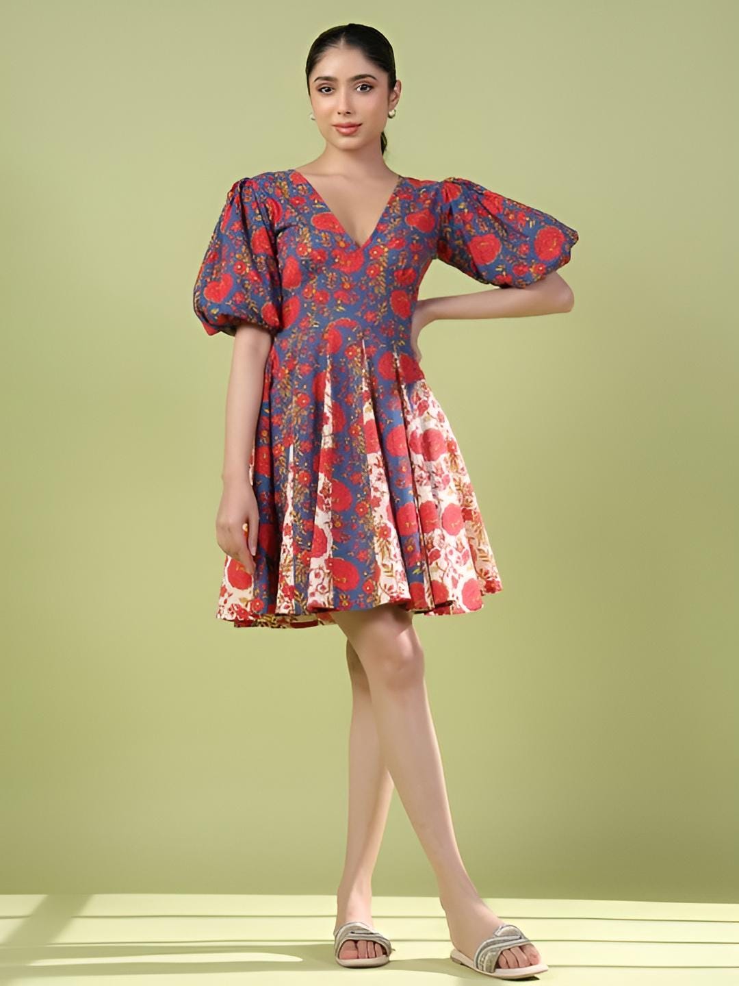 Floral Printed Puff Sleeve Fit & Flare Indian Fusion Dress For Women, Indian Dress For Women, Indo Western Outfit, Pure Cotton Fusion Outfit23 EtsyImport