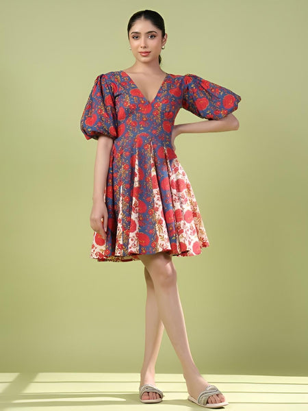 Floral Printed Puff Sleeve Fit & Flare Indian Fusion Dress For Women, Indian Dress For Women, Indo Western Outfit, Pure Cotton Fusion Outfit23 EtsyImport