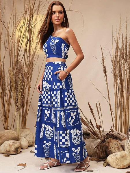 Printed One Shoulder Crop Top With Skirt Set For Women, Indian Top with Skirt Set, Indo Western Fusion Outfit, Coord Set9 EtsyImport