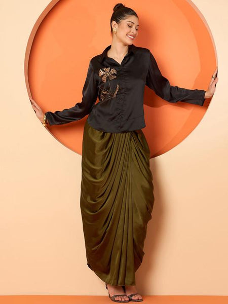 Embellished Shirt With Draped Skirt Set For Women, Indian Top with Dhoti Skirt, Ethnic Indo Western Fusion Outfit, Wedding Guest Outfit16 EtsyImport