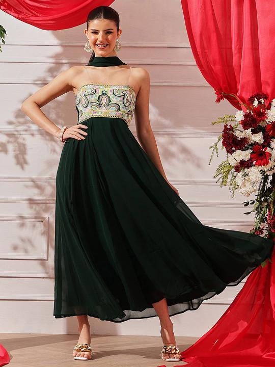 ethnic maxi dress for women Embroidered Strapless Flared Ethnic Maxi Dress With Dupatta XL / Green