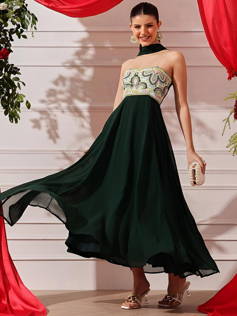 Embroidered Strapless Flared Ethnic Maxi Dress With Dupatta XL / Green Embroidered Strapless Flared Ethnic Maxi Dress With Dupatta XL / Green