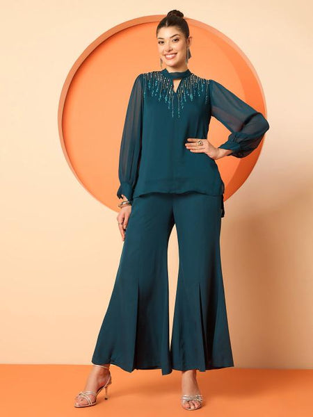 Embellished Mandarin Collar Top With Palazzo Set For Women, Coord Set, Indo Western Outfit, Ethnic Indian Dress, Wedding Guest Outfit6 EtsyImport