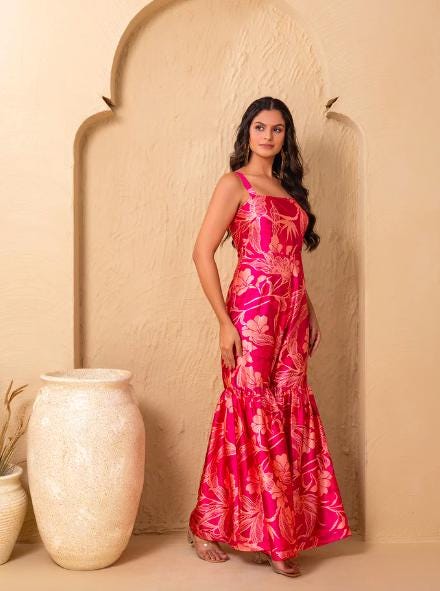 Floral Printed Bell Bottom Flare Jumpsuit For Women, Indian Jumpsuit, Indian One Piece Dress, Indo Western Outfit, Wedding Guest Outfit6 EtsyImport