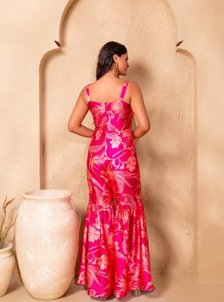 Floral Printed Bell Bottom Flare Jumpsuit For Women, Indian Jumpsuit, Indian One Piece Dress, Indo Western Outfit, Wedding Guest Outfit6 EtsyImport
