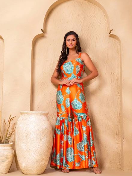 Floral Printed Bell Bottom Flare Jumpsuit For Women, Indian Jumpsuit, Indian One Piece Dress, Indo Western Outfit, Wedding Guest Outfit6 EtsyImport