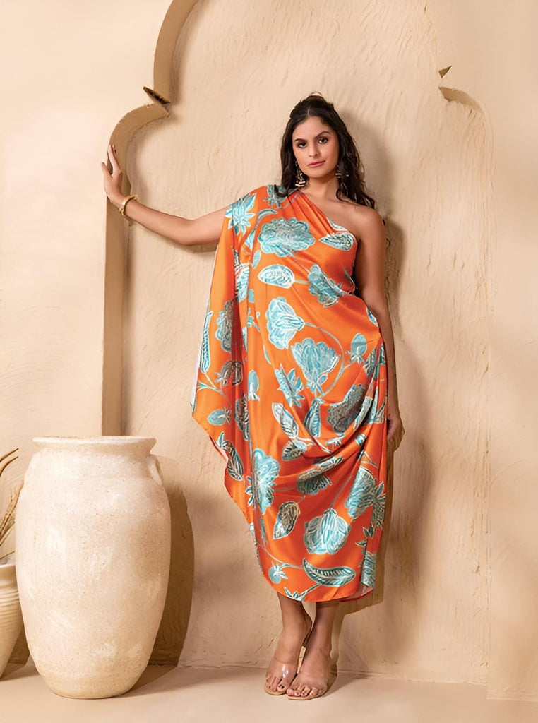 Floral Printed One Shoulder Drape Cowl Kaftan Dress M / Green Floral Printed One Shoulder Drape Cowl Kaftan Dress M / Green