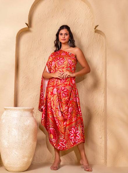 Ethnic Printed One Shoulder Drape Cowl Kaftan Dress for Women, Ethnic Indian Dress, Indo Western Outfit9 EtsyImport