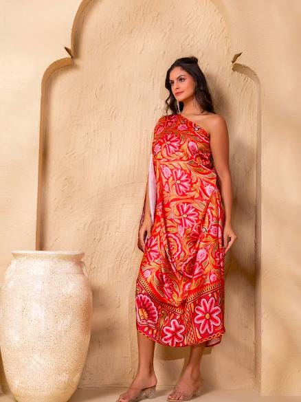 Ethnic Printed One Shoulder Drape Cowl Kaftan Dress for Women, Ethnic Indian Dress, Indo Western Outfit9 EtsyImport