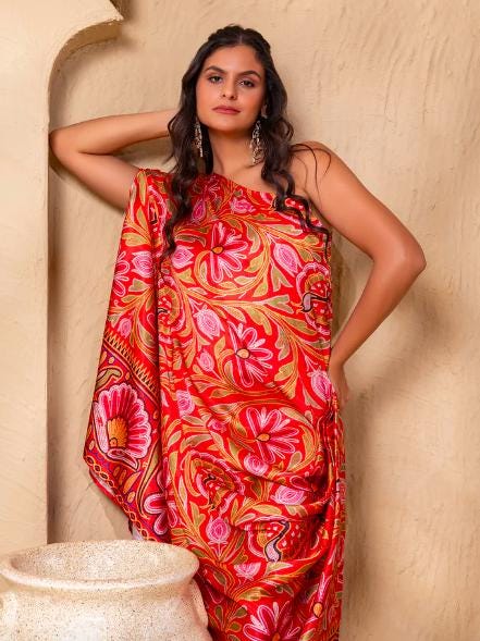 Ethnic Printed One Shoulder Drape Cowl Kaftan Dress VitansEthnics Ethnic Printed One Shoulder Drape Cowl Kaftan Dress VitansEthnics