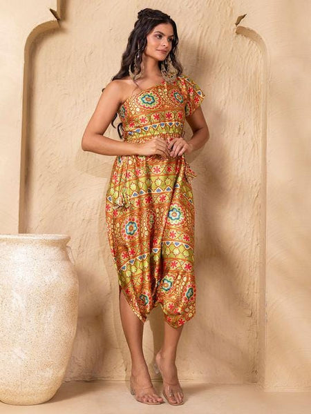 Ethnic Printed One Shoulder Dhoti Jumpsuit For Women, Indian Jumpsuit, Indian One Piece Dress, Indo Western Outfit, Wedding Guest Outfit10 EtsyImport