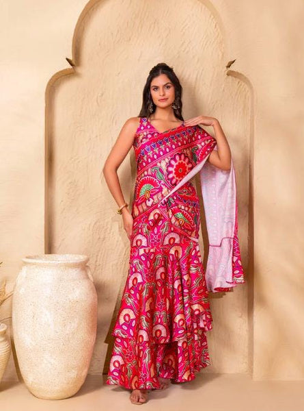 Pre Draped Double Layer Ready To Wear Saree, Crop Top & Skirt With Attached Dupatta Co-ord Set, Ethnic Indo Western Outfit, Lehenga Choli16 EtsyImport