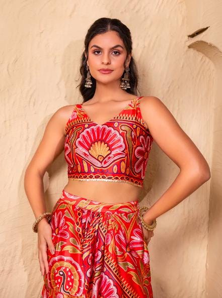 Pre Draped Double Layer Ready To Wear Saree, Crop Top & Skirt With Attached Dupatta Co-ord Set, Ethnic Indo Western Outfit, Lehenga Choli17 EtsyImport