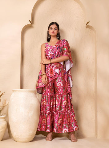 Ready To Wear Saree, Ethnic Printed Crop Top & Palazzo With Attached Dupatta Co-ord Set, Ethnic Indo Western Fusion Outfit, Lehenga Choli22 EtsyImport