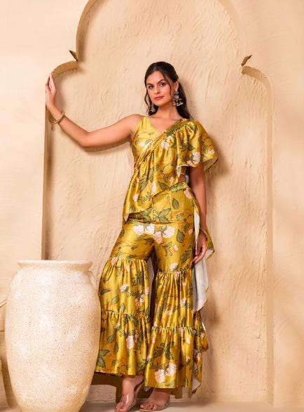 Ready To Wear Saree, Ethnic Printed Crop Top & Palazzo With Attached Dupatta Co-ord Set, Ethnic Indo Western Fusion Outfit, Lehenga Choli23 EtsyImport