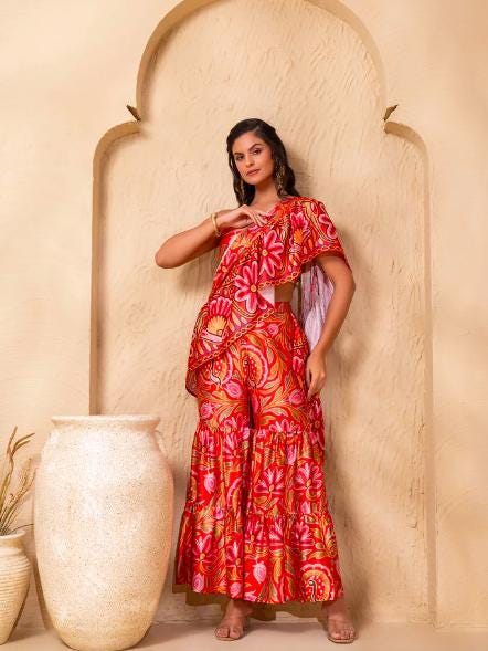 Ready To Wear Saree, Ethnic Printed Crop Top & Palazzo With Attached Dupatta Co-ord Set, Ethnic Indo Western Fusion Outfit, Lehenga Choli23 EtsyImport