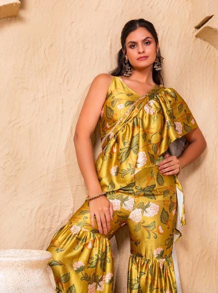 Ready To Wear Saree, Ethnic Printed Crop Top & Palazzo With Attached Dupatta Co-ord Set, Ethnic Indo Western Fusion Outfit, Lehenga Choli23 EtsyImport