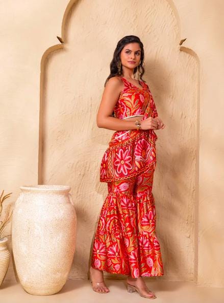 Ready To Wear Saree, Ethnic Printed Crop Top & Palazzo With Attached Dupatta Co-ord Set, Ethnic Indo Western Fusion Outfit, Lehenga Choli23 EtsyImport