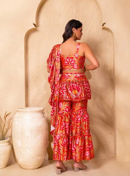 Ready To Wear Saree, Ethnic Printed Crop Top & Palazzo With Attached Dupatta Co-ord Set, Ethnic Indo Western Fusion Outfit, Lehenga Choli23 EtsyImport