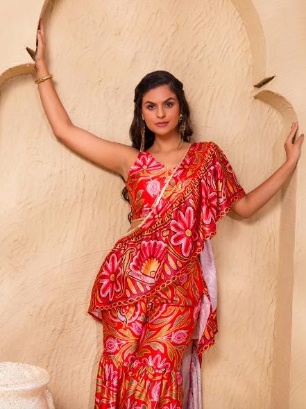 Ready To Wear Saree, Ethnic Printed Crop Top & Palazzo With Attached Dupatta Co-ord Set, Ethnic Indo Western Fusion Outfit, Lehenga Choli23 EtsyImport