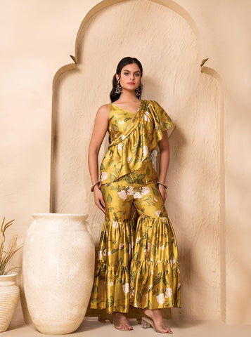 Ready To Wear Saree, Ethnic Printed Crop Top & Palazzo With Attached Dupatta Co-ord Set, Ethnic Indo Western Fusion Outfit, Lehenga Choli23 EtsyImport