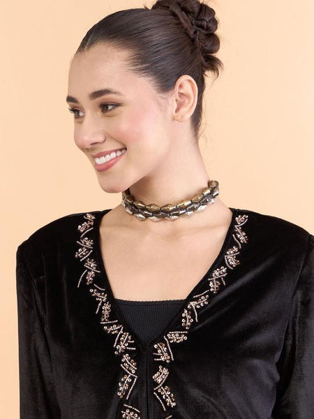 Black Embellished Jacket With Draped Skirt Set For Women, Indian Jacket with Dhoti Skirt Set, Ethnic Indo Western Fusion Outfit, Coords VitansEthnics