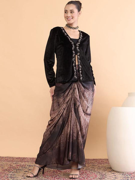 Black Embellished Jacket With Draped Skirt Set For Women, Indian Jacket with Dhoti Skirt Set, Ethnic Indo Western Fusion Outfit, Coords VitansEthnics