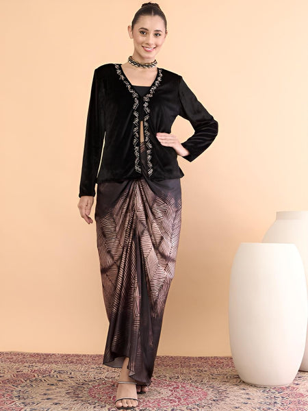 Black Embellished Jacket With Draped Skirt Set For Women, Indian Jacket with Dhoti Skirt Set, Ethnic Indo Western Fusion Outfit, Coords VitansEthnics