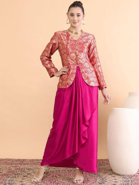 Brocade V-Neck Top With Drape Skirt Set For Women, Indian Top with Dhoti Skirt Set, Ethnic Indo Western Outfit, Coords Set, Indian Dress29 EtsyImport