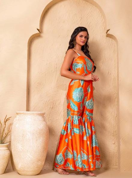 Floral Printed Bell Bottom Flare Jumpsuit For Women, Indian Jumpsuit, Indian One Piece Dress, Indo Western Outfit, Wedding Guest Outfit6 EtsyImport