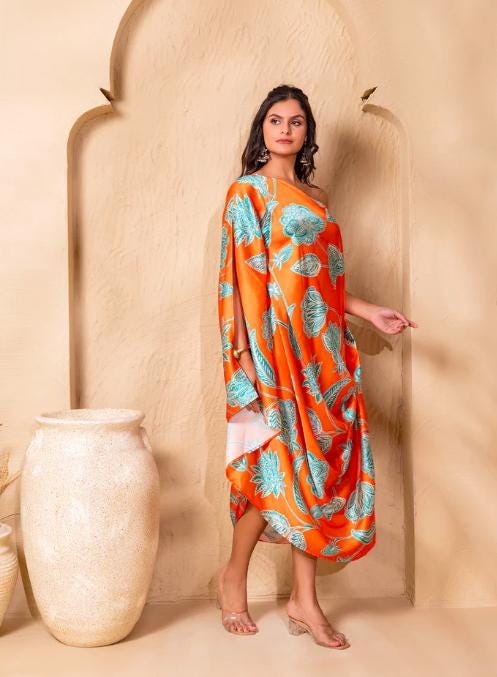 one shoulder kaftan dress indian Floral Printed One Shoulder Drape Cowl Kaftan Dress M / Green