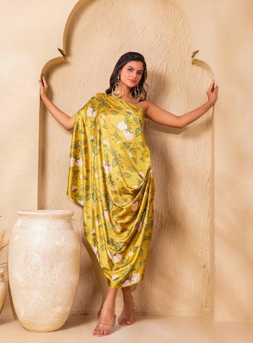 one shoulder kaftan dress indian Firozi Blue Crepe Digital Printed One-Shoulder Kaftan Vacation Dress by  RUHR INDIA at Pernia's Pop Up Shop 2026