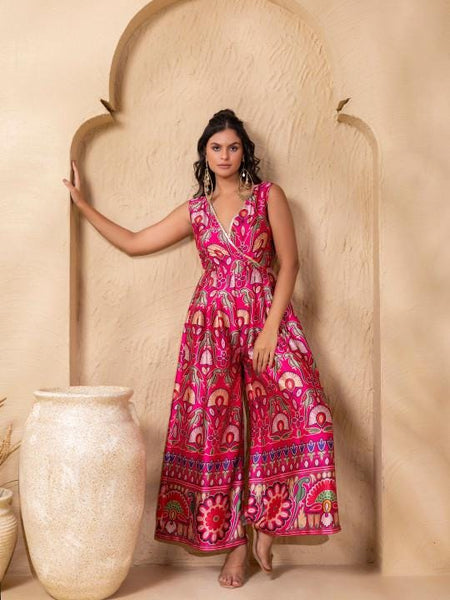 Overlap Neck Floral Printed Jumpsuit For Women, Indian Jumpsuit, Indian One Piece Dress, Indo Western Outfit, Wedding Guest Outfit34 EtsyImport