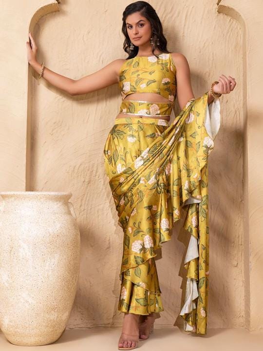 Ready To Wear Saree, Crop Top Skirt With Attached Dupatta Co-ord Set