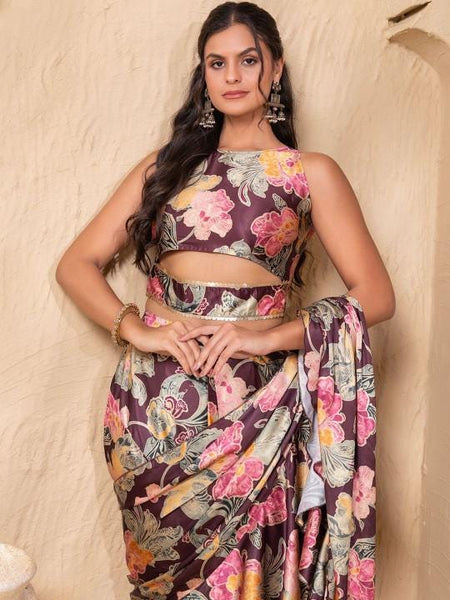Ready To Wear Saree, Crop Top & Skirt With Attached Dupatta Co-ord Set, Ethnic Indo Western Outfit, Lehenga Choli, Pre Stitched Saree14 EtsyImport