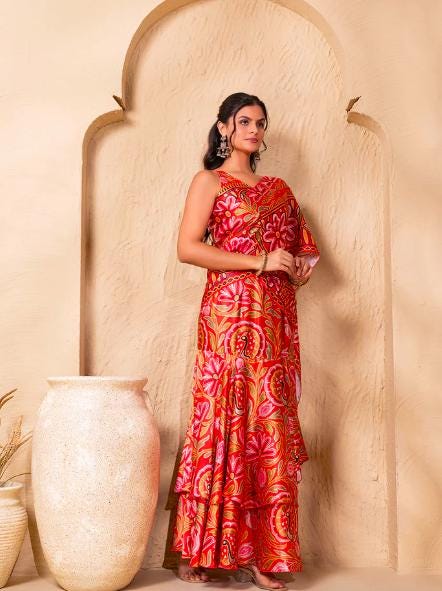 Pre Draped Double Layer Ready To Wear Saree, Crop Top & Skirt With Attached Dupatta Co-ord Set, Ethnic Indo Western Outfit, Lehenga Choli17 EtsyImport