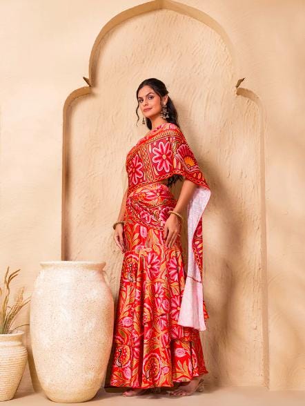 Pre Draped Double Layer Ready To Wear Saree, Crop Top & Skirt With Attached Dupatta Co-ord Set, Ethnic Indo Western Outfit, Lehenga Choli17 EtsyImport